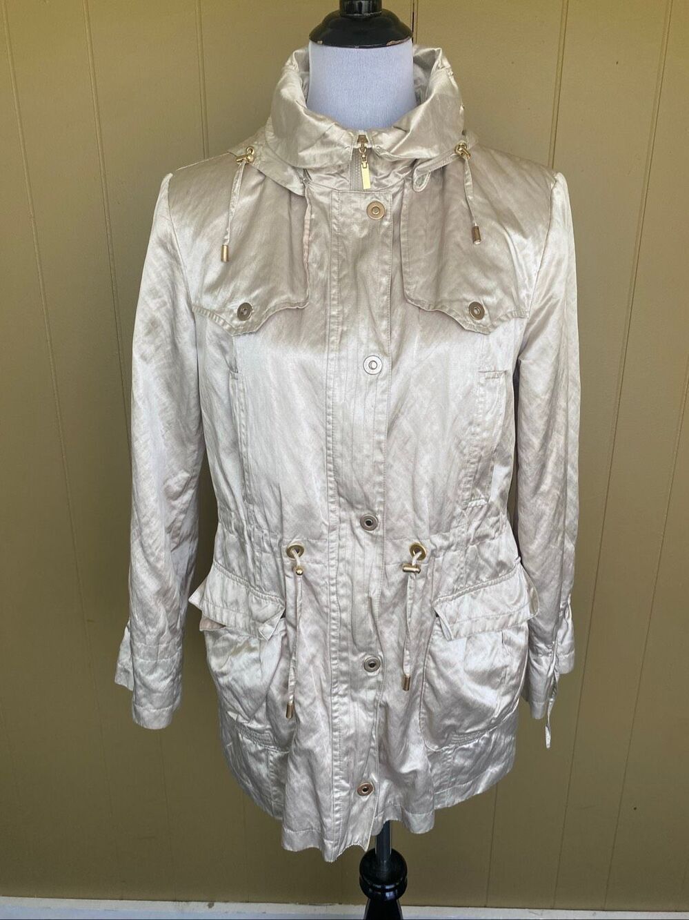 Gallery women L shiny gold zip/button up hooded lightweight jacket
